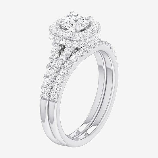 (G-H / Si1-Si2) Womens 1 3/8 CT. T.W. Lab Grown White Diamond 14K Gold Cushion Side Stone Halo Bridal Set