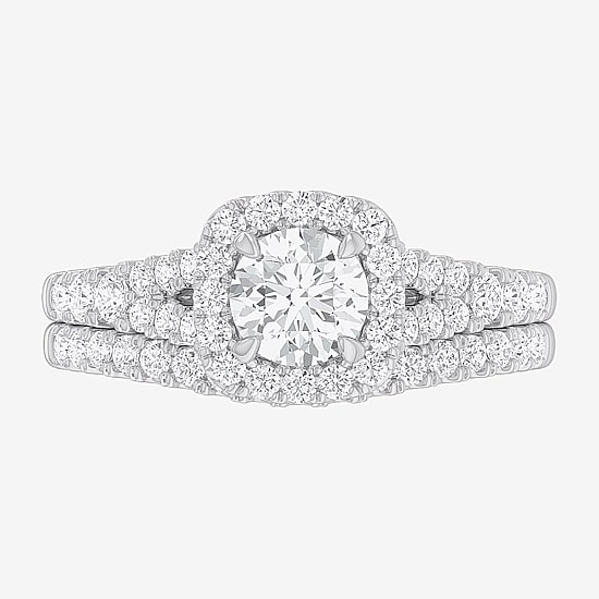 (G-H / Si1-Si2) Womens 1 3/8 CT. T.W. Lab Grown White Diamond 14K Gold Cushion Side Stone Halo Bridal Set