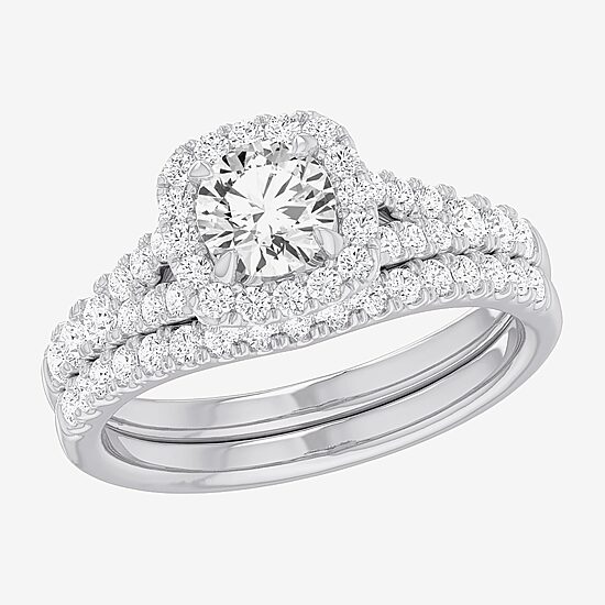 (G-H / Si1-Si2) Womens 1 3/8 CT. T.W. Lab Grown White Diamond 14K Gold Cushion Side Stone Halo Bridal Set