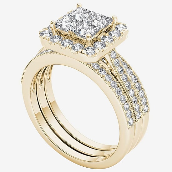 Womens 1 1/2 CT. T.W. Natural White Diamond 14K Gold Halo Bridal Set