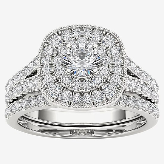 Womens 3/4 CT. T.W. Natural White Diamond 14K Gold Cushion Side Stone Halo Bridal Set
