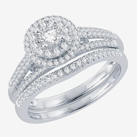 Signature By Modern Bride Womens 3/4 CT. T.W. Natural White Diamond 14K Gold Round Halo Bridal Set