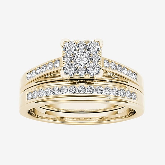 1/2 CT.T.W. Natural Diamond Square 10K Yellow Gold Bridal Ring Set