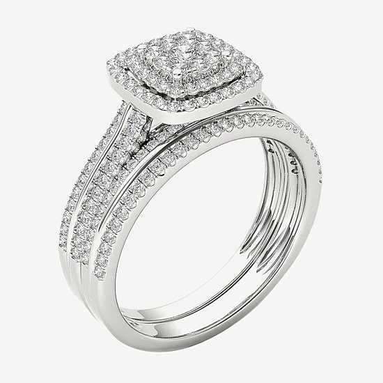 Womens 1/2 CT. T.W. Natural White Diamond 10K Gold Cushion Halo Bridal Set