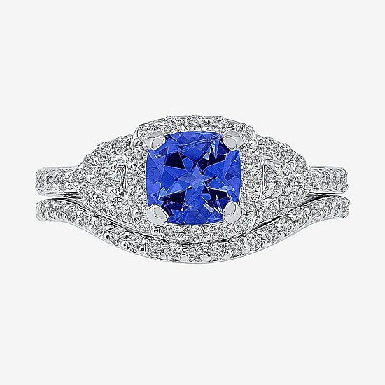 Modern Bride Gemstone Womens Blue & White Lab Created Sapphire Sterling Silver Bridal Set