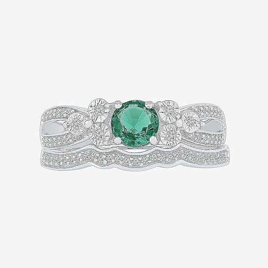 Modern Bride Gemstone Lab Created Emerald & 1/5 CT. T.W. Diamond Sterling Silver Bridal Set