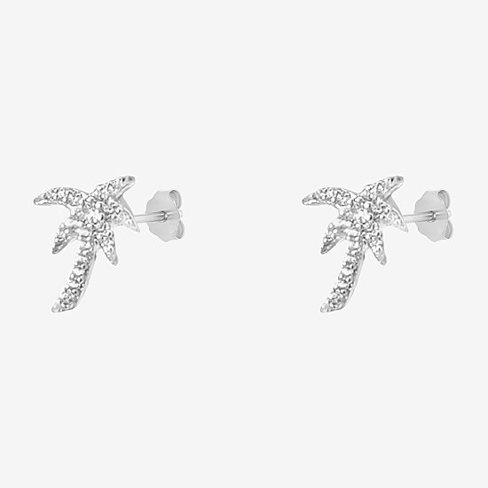 Silver Treasures Palm Tree White Cubic Zirconia Sterling Silver 10mm Stud Earrings