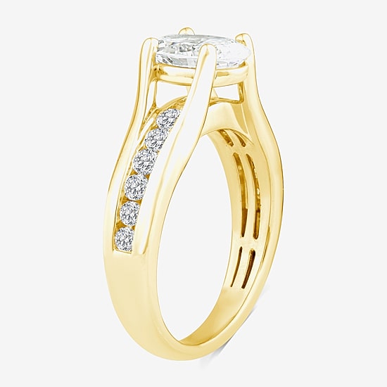 (F,Vs2) Womens 2 CT. T.W. Lab Grown White Diamond 10K Gold Oval Side Stone Engagement Ring
