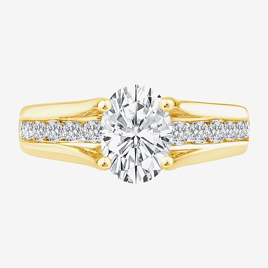 (F,Vs2) Womens 2 CT. T.W. Lab Grown White Diamond 10K Gold Oval Side Stone Engagement Ring