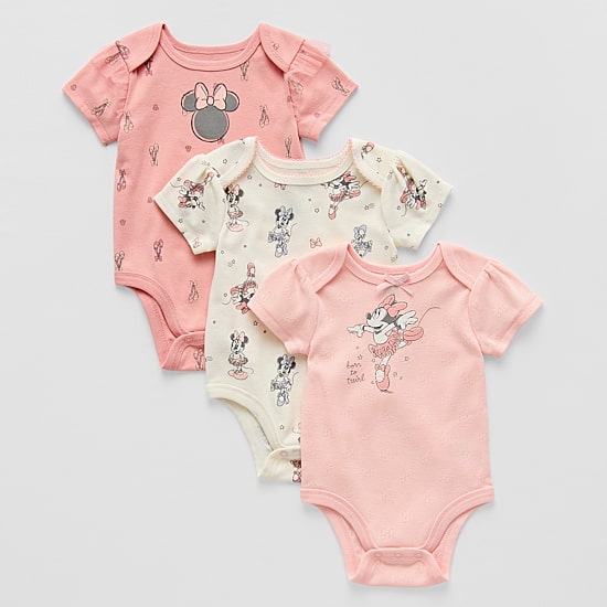 Baby Girls Minnie Mouse Crew Neck Short Sleeve 3-pc. Bodysuit