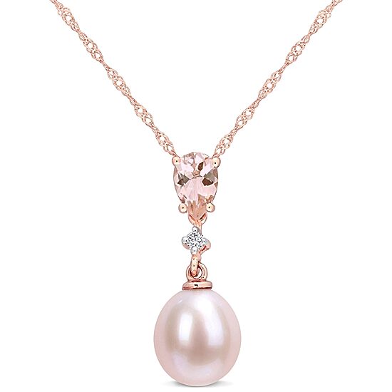 Womens Diamond Accent Dyed Pink Cultured Freshwater Pearl 10K Gold 17 Inch Pendant Necklace