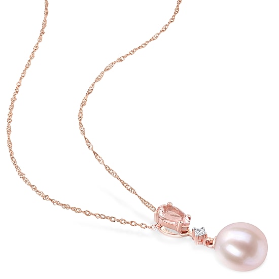 Womens Diamond Accent Dyed Pink Cultured Freshwater Pearl 10K Gold 17 Inch Pendant Necklace
