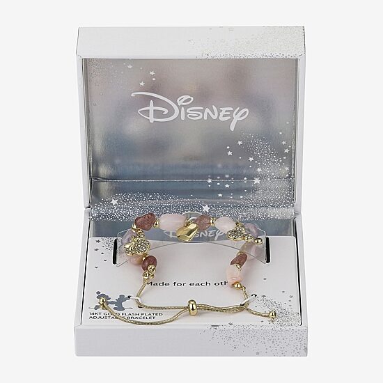 Disney Classics Womens Pink Quartz 14K Gold Over Brass Heart Mickey Mouse Minnie Mouse Bolo Bracelet