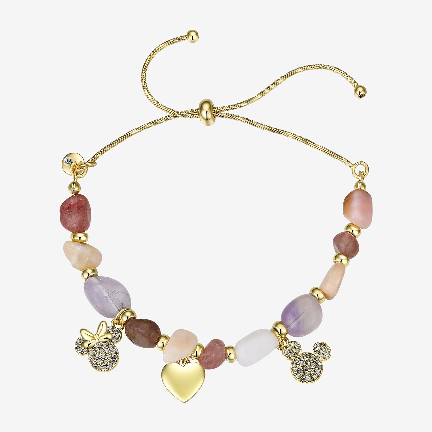 Disney Classics Womens Pink Quartz 14K Gold Over Brass Heart Mickey Mouse Minnie Mouse Bolo Bracelet