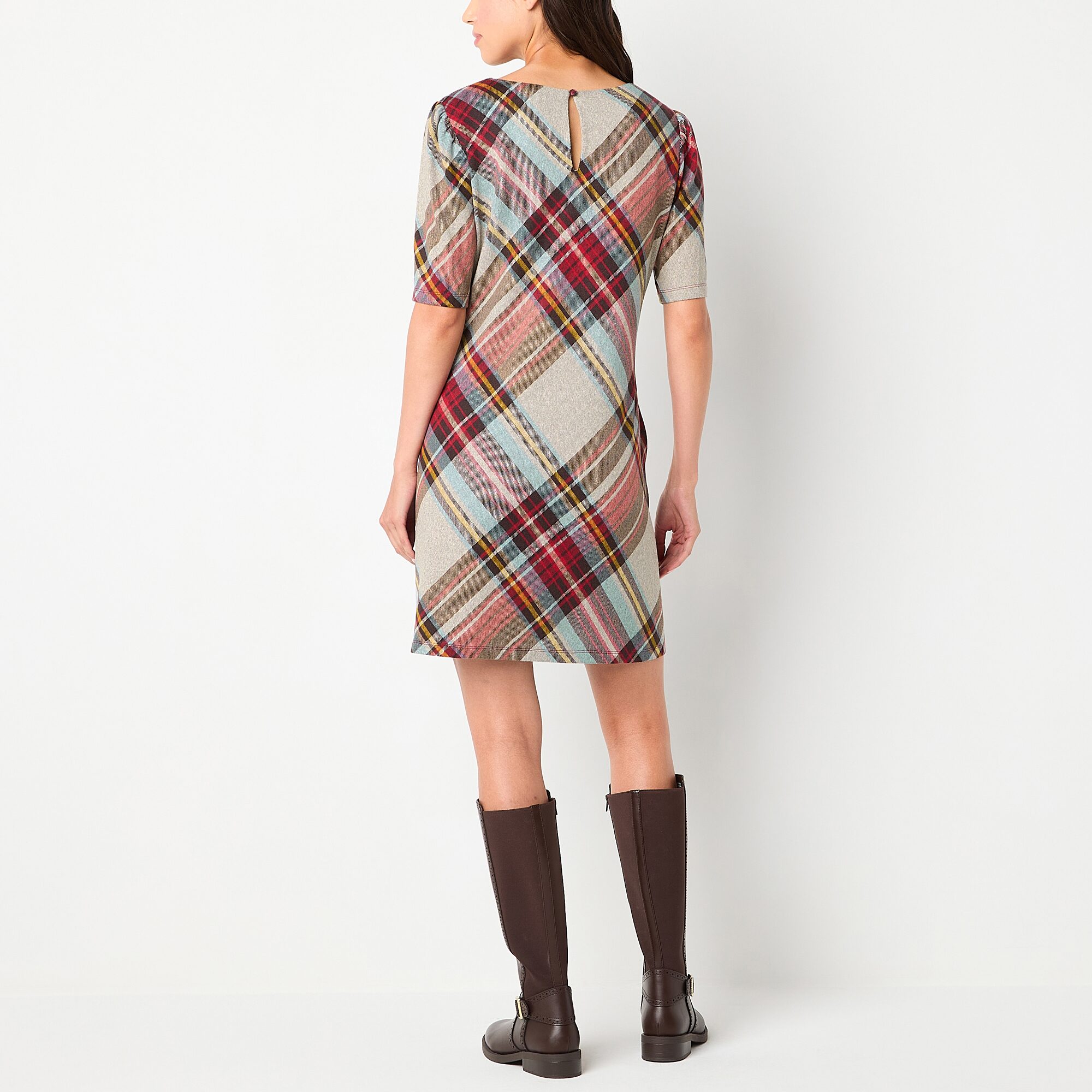 R & K Originals Womens Round Neck Short Sleeve Plaid Shift Dress