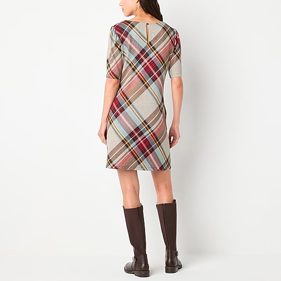 R & K Originals Womens Round Neck Short Sleeve Plaid Shift Dress