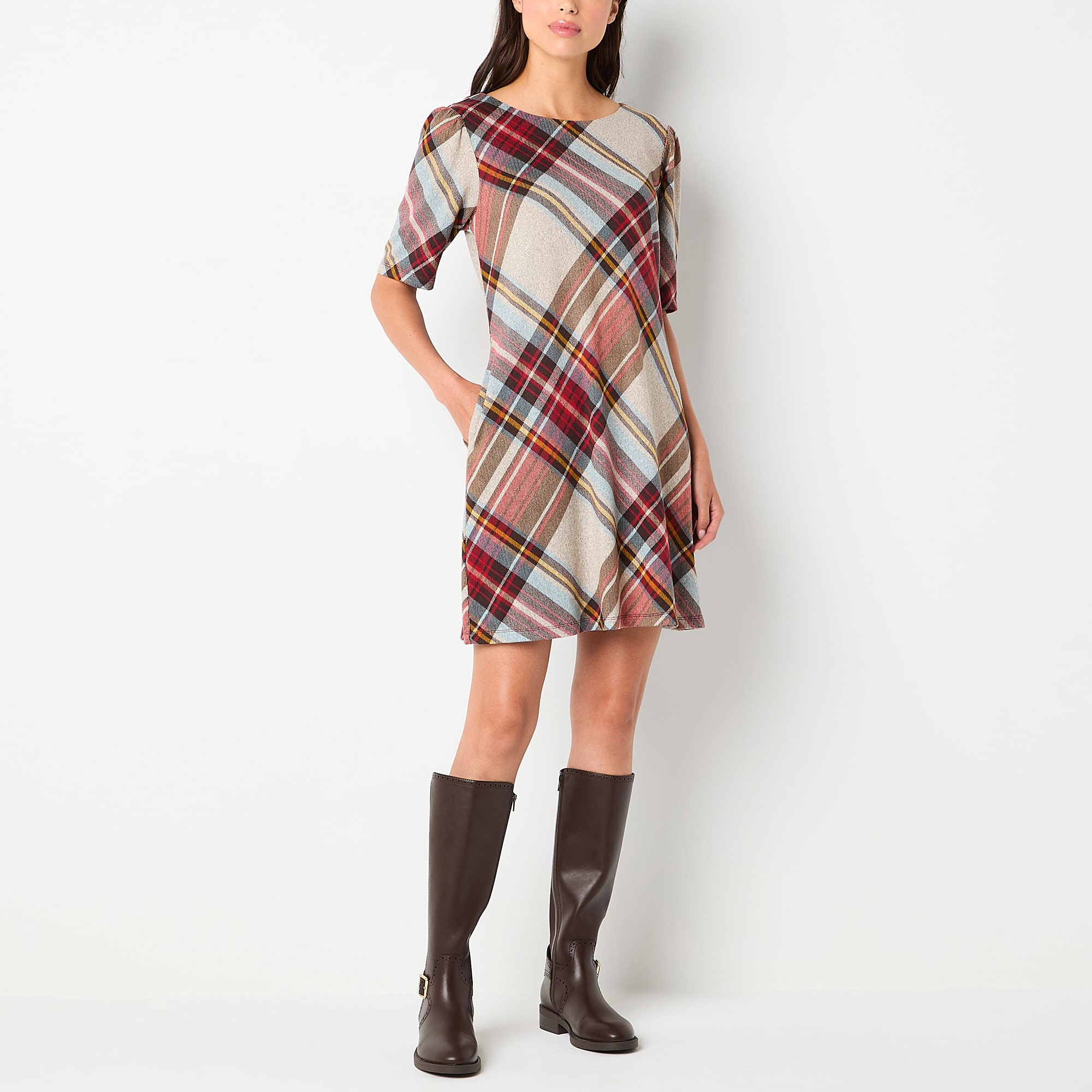 R & K Originals Womens Round Neck Short Sleeve Plaid Shift Dress