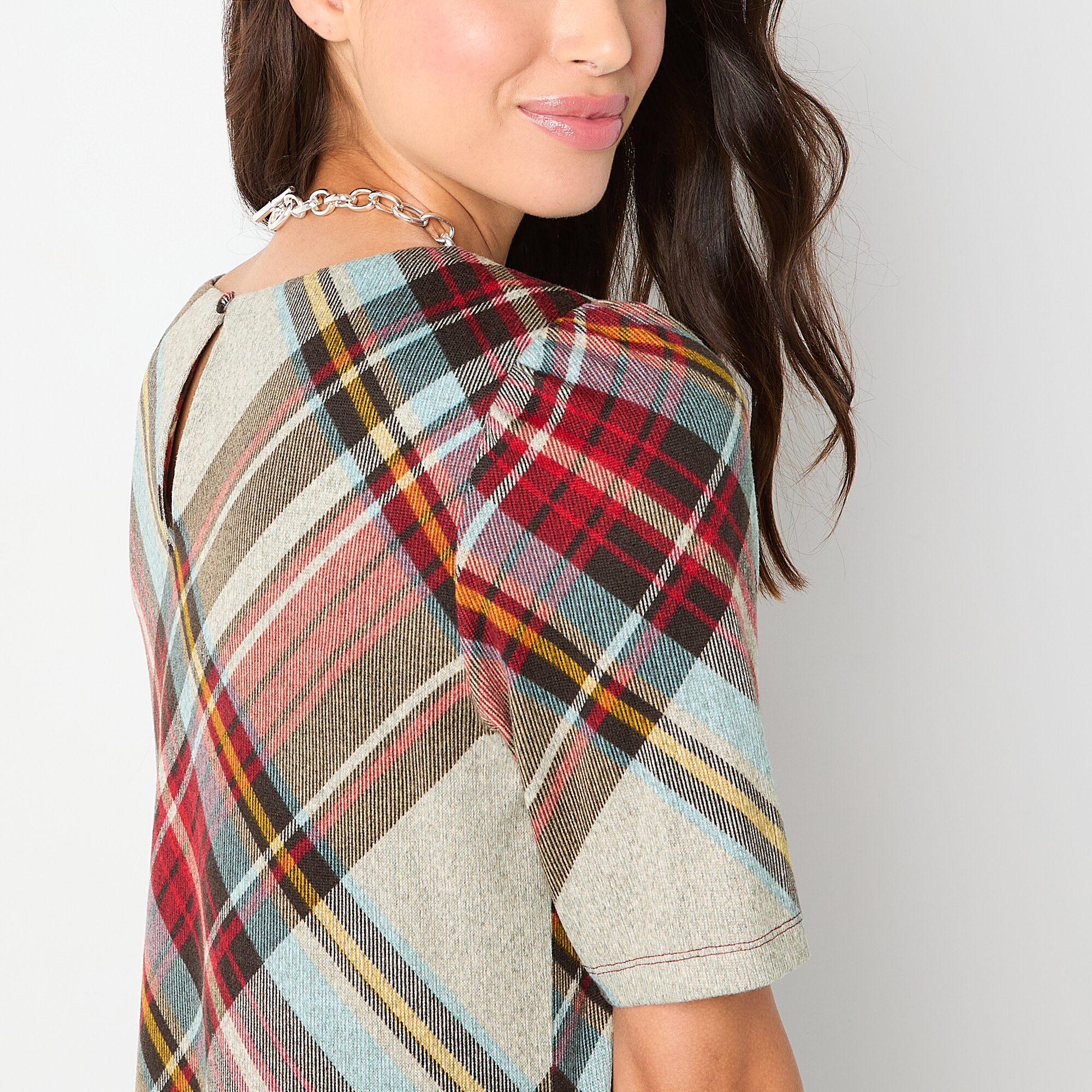 R & K Originals Womens Round Neck Short Sleeve Plaid Shift Dress