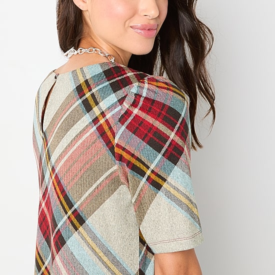 R & K Originals Womens Round Neck Short Sleeve Plaid Shift Dress