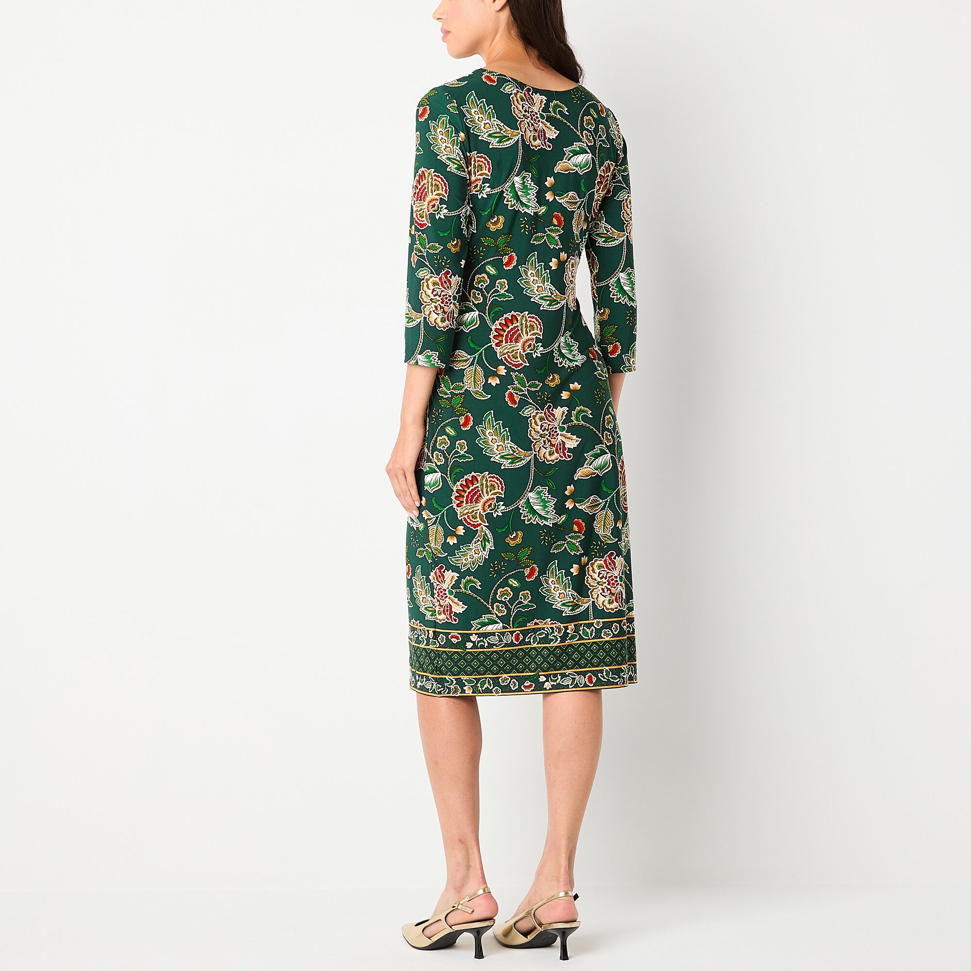R & K Originals Womens Midi Round Neck 3/4 Sleeve Floral Shift Dress