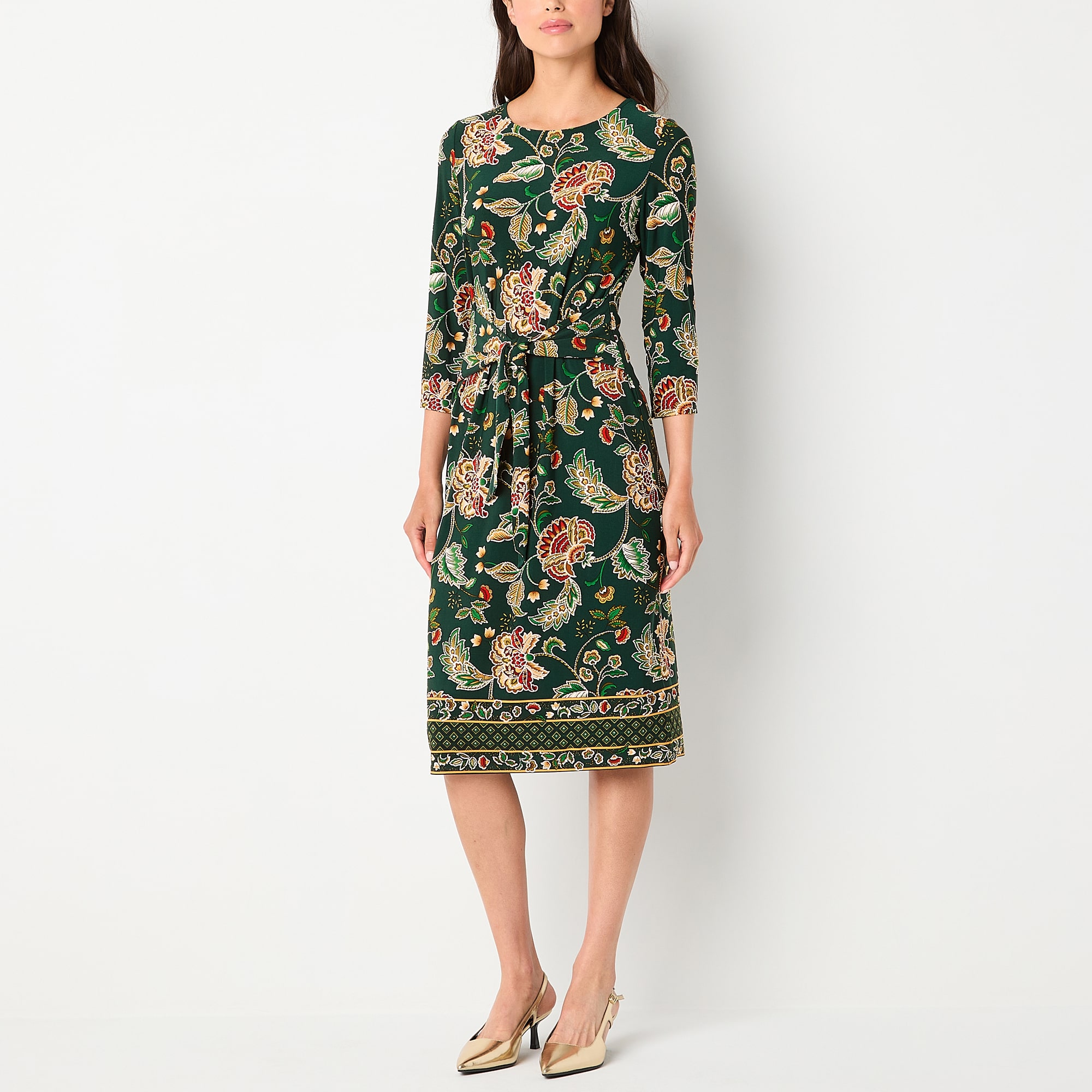 R & K Originals Womens Midi Round Neck 3/4 Sleeve Floral Shift Dress