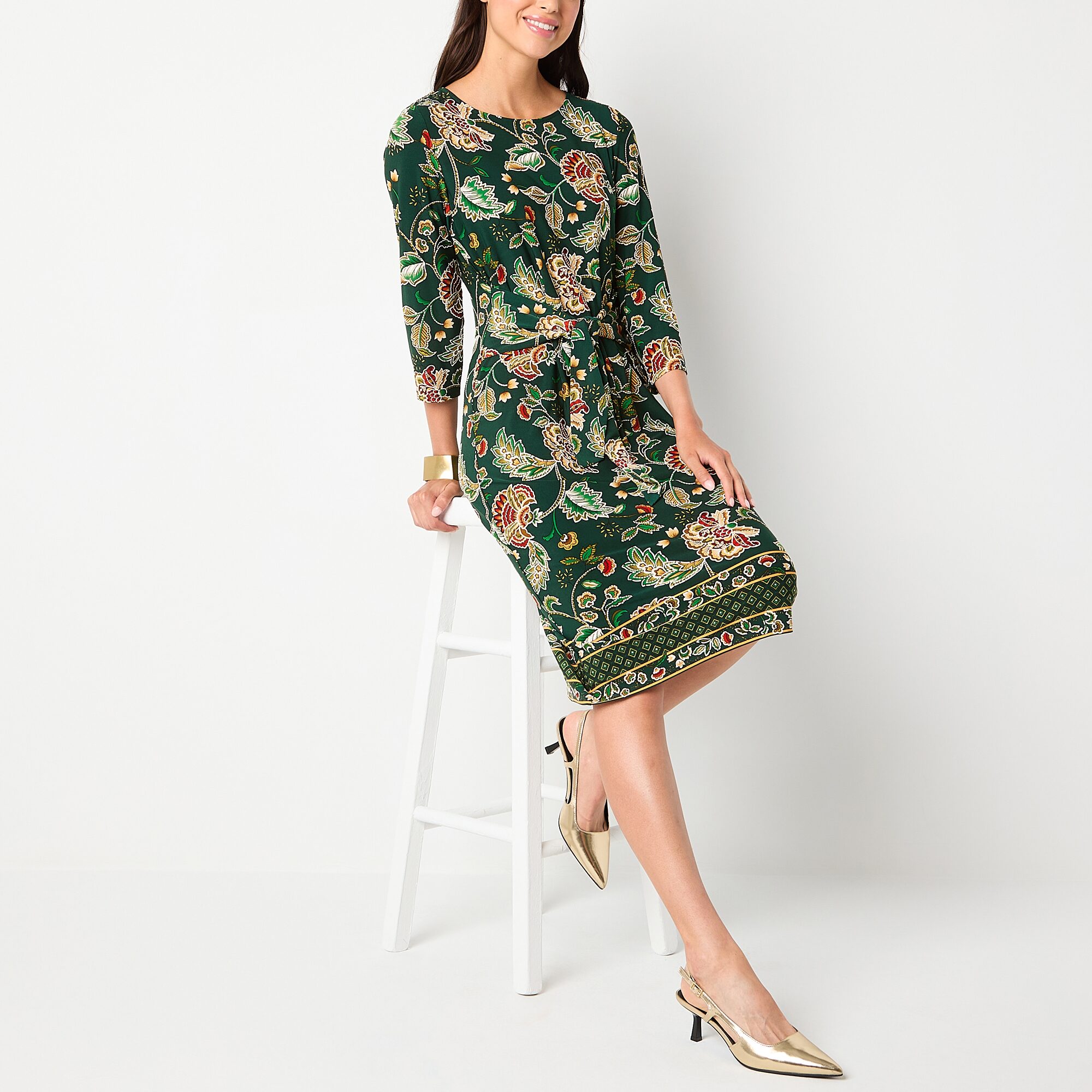 R & K Originals Womens Midi Round Neck 3/4 Sleeve Floral Shift Dress