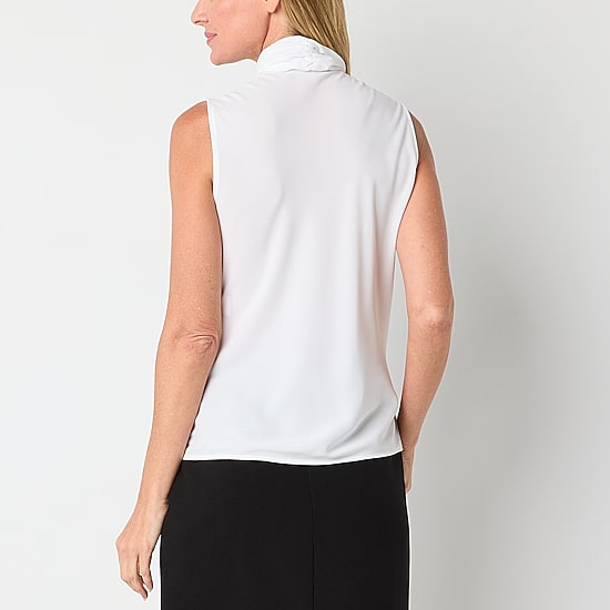 Black Label by Evan-Picone Womens Split Tie Neck Sleeveless Blouse