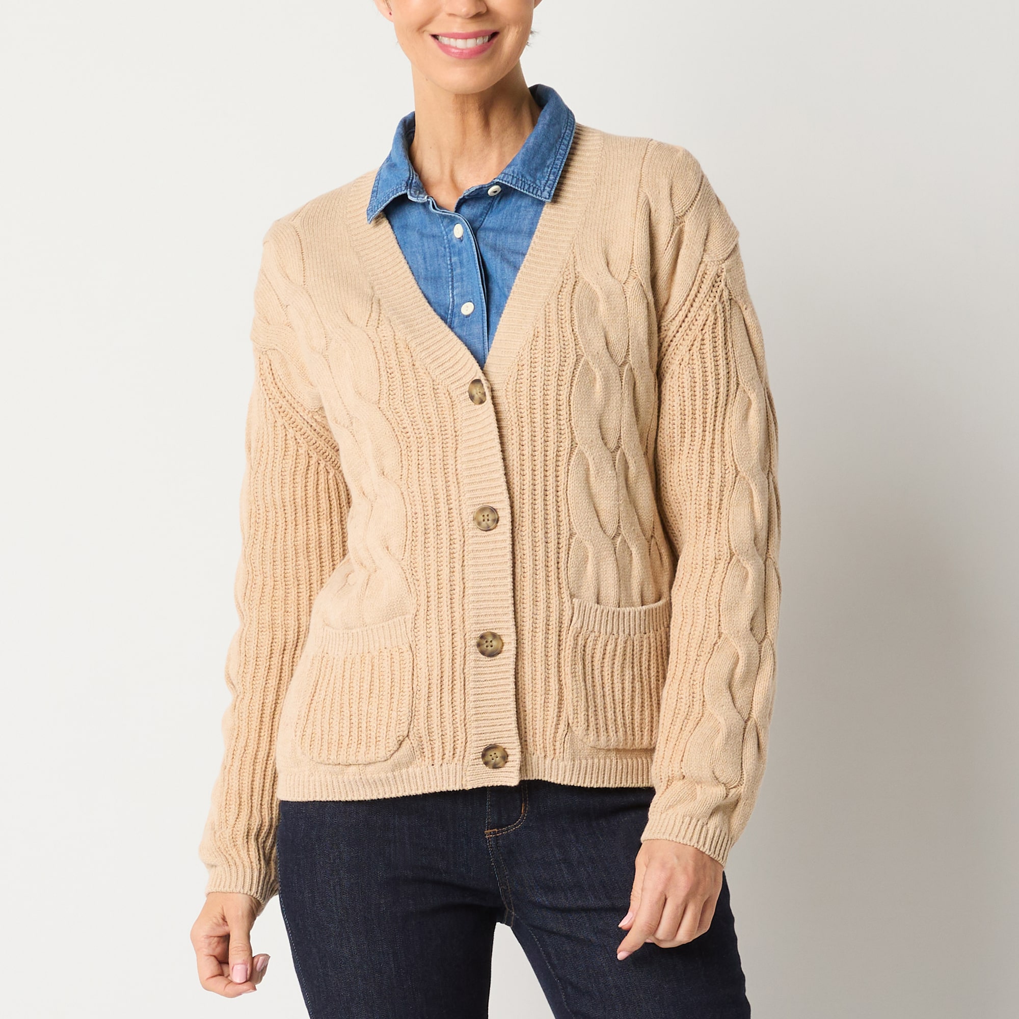 St. John's Bay Womens V Neck Long Sleeve Button Cardigan
