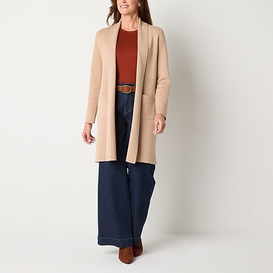 Liz Claiborne Womens Long Sleeve Open Front Striped Cardigan