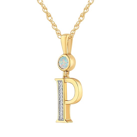 P" Womens Lab Created White Opal 14K Gold Over Silver 18 Inch Pendant Necklace