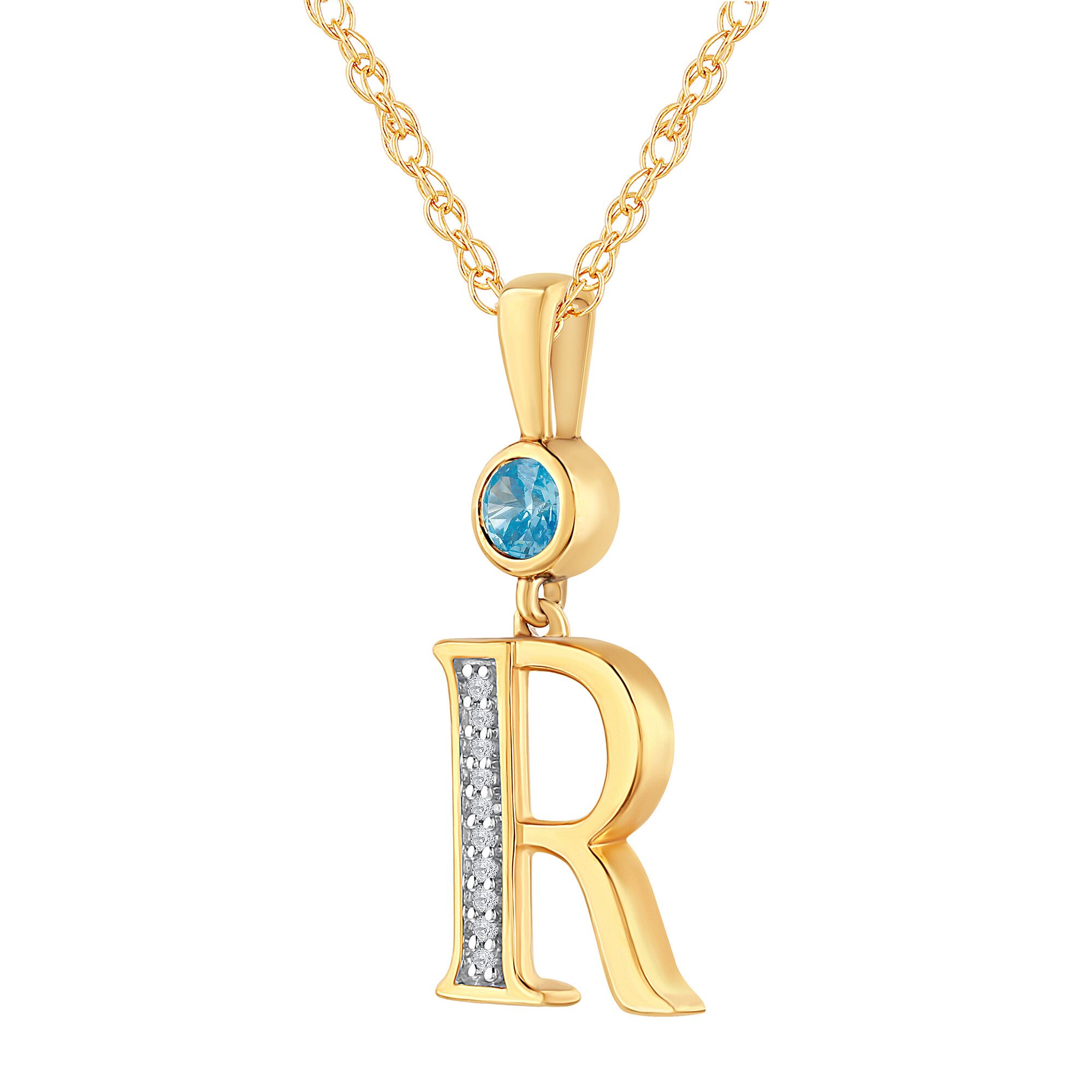 "R" Womens Genuine Blue Topaz 14K Gold Over Silver 18 Inch Pendant Necklace
