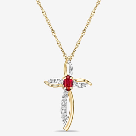 Womens Diamond Accent Gemstone 10K Gold Cross Pendant Necklace