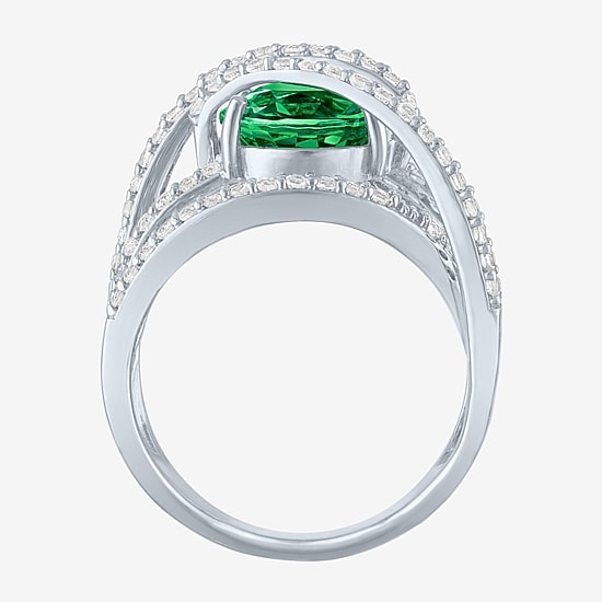 Lab-Created Emerald & Lab-Created White Sapphire Sterling Silver Cocktail Ring