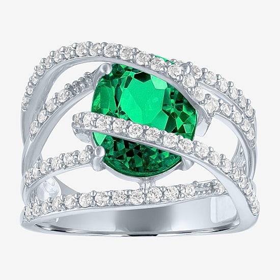 Lab-Created Emerald & Lab-Created White Sapphire Sterling Silver Cocktail Ring