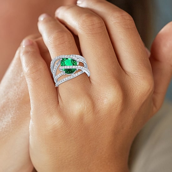 Lab-Created Emerald & Lab-Created White Sapphire Sterling Silver Cocktail Ring