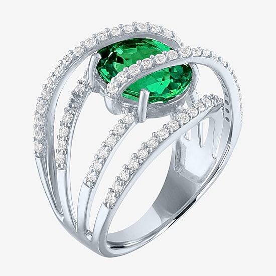 Lab-Created Emerald & Lab-Created White Sapphire Sterling Silver Cocktail Ring