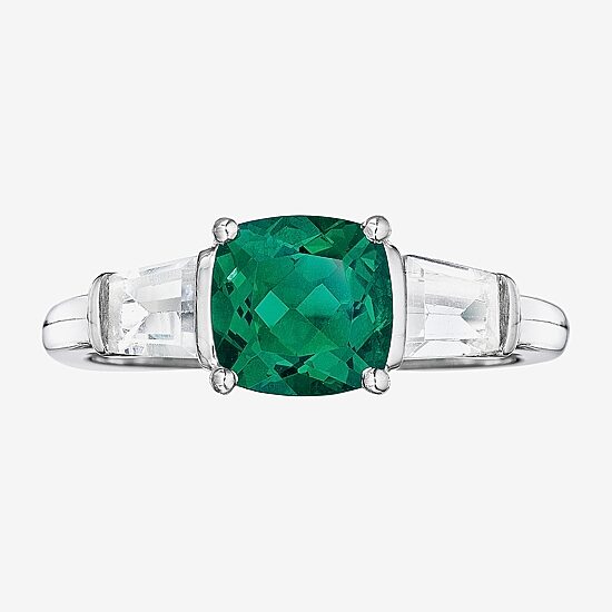 Simulated Emerald & Lab-Created White Sapphire Sterling Silver 3-Stone Ring 