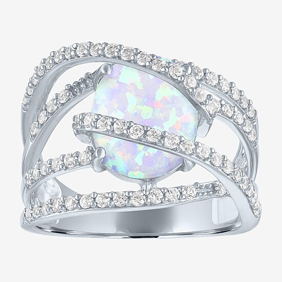 Womens Lab-Created Opal & Lab-Created White Sapphire Sterling Silver Cocktail Ring