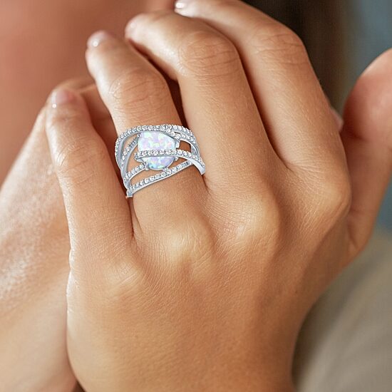 Womens Lab-Created Opal & Lab-Created White Sapphire Sterling Silver Cocktail Ring