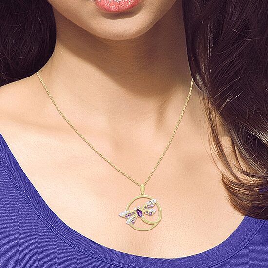 "Dragonfly" Womens Genuine Purple Amethyst 14K Gold Over Silver 18 Inch Pendant Necklace