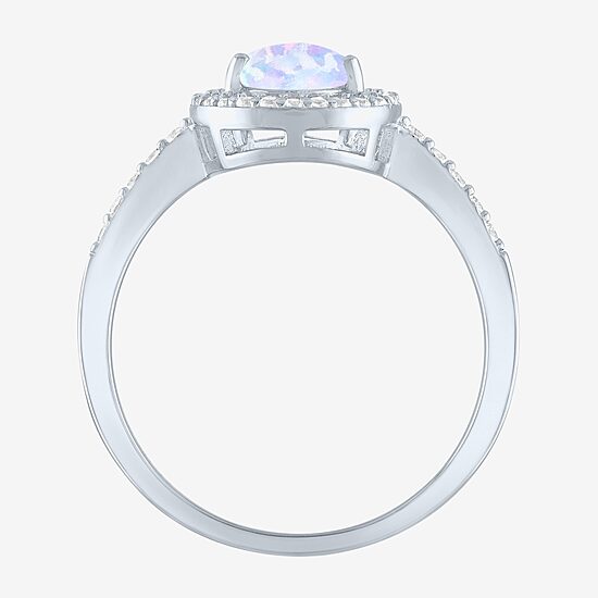 Yes, Please! Womens Lab Created White Opal Sterling Silver Pear Halo Cocktail Ring