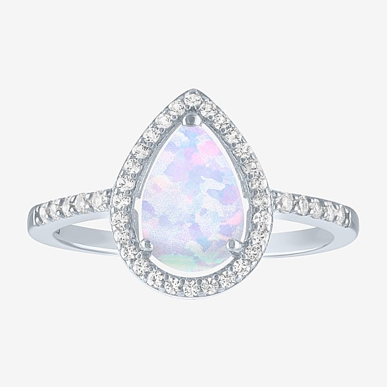 Yes, Please! Womens Lab Created White Opal Sterling Silver Pear Halo Cocktail Ring