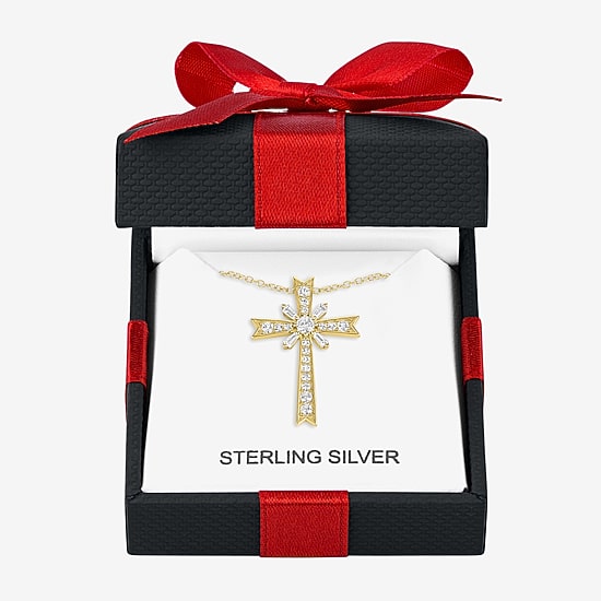Yes, Please! Womens Lab Created White Sapphire 14K Gold Over Silver Cross 18 Inch Pendant Necklace