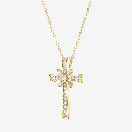 Yes, Please! Womens Lab Created White Sapphire 14K Gold Over Silver Cross 18 Inch Pendant Necklace