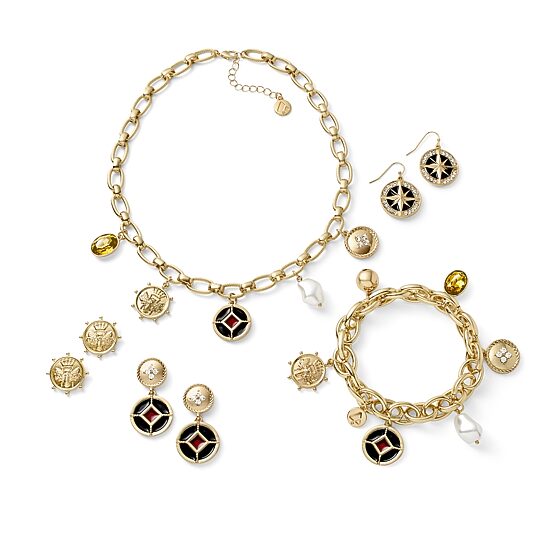 Liz Claiborne Gold Tone Nautical Womens Glass Simulated Pearl Charm Bracelet