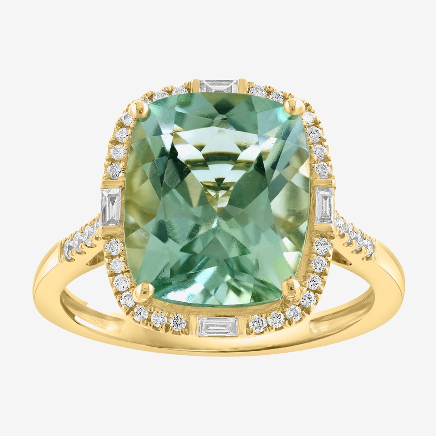 Effy Final Call Limited Quantities! Womens 1/5 CT. Genuine Green Amethyst 14K Gold Cushion Halo Side Stone Cocktail Ring