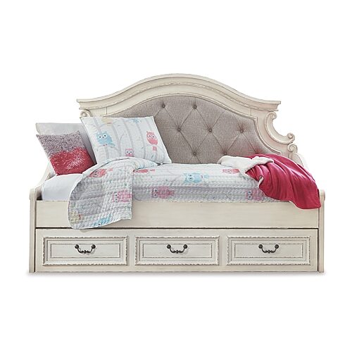 Signature Design by Ashley Realyn Twin Upholstered Daybed with 1 Large Storage Drawer in Chipped White, One Size, White