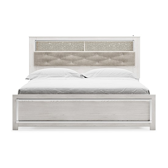Signature Design by Ashley Altyra Panel Bed with Upholstered Bookcase Headboard in White