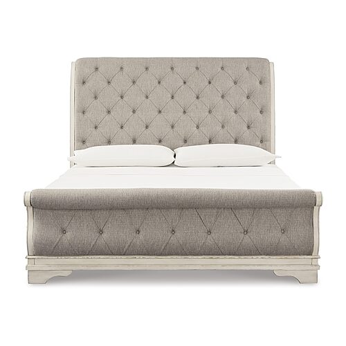 Signature Design by Ashley Realyn Upholstered Sleigh Bed in Chipped White, One Size, Beige