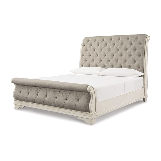 Signature Design by Ashley Realyn Upholstered Sleigh Bed in Chipped White